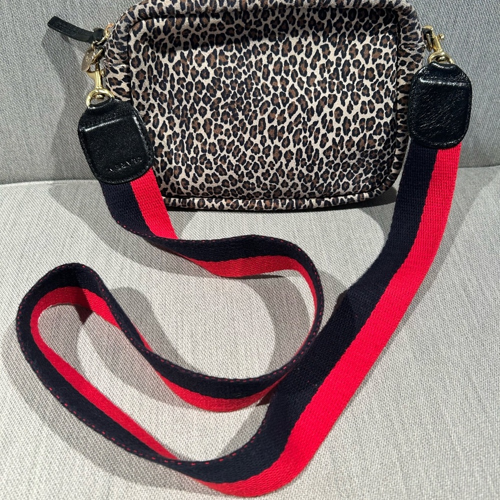 Clare V Leopard Print Crossbody Bag with Red and Black Strap